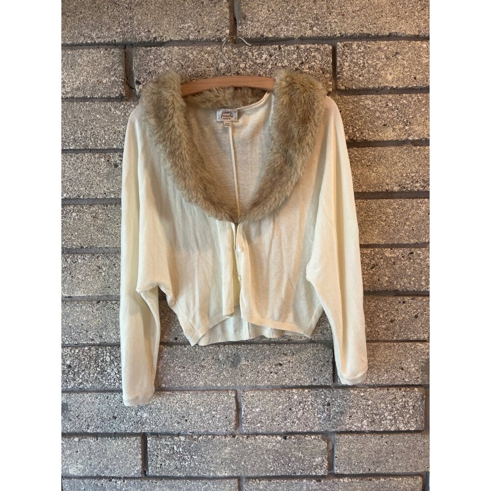 Vintage Frenchi Faux Fur Collar Cardigan Sweater With Pearl Buttons - L